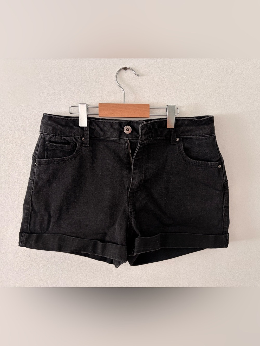 High-Rise Black Denim Jean Shorts with Cuffed Hem